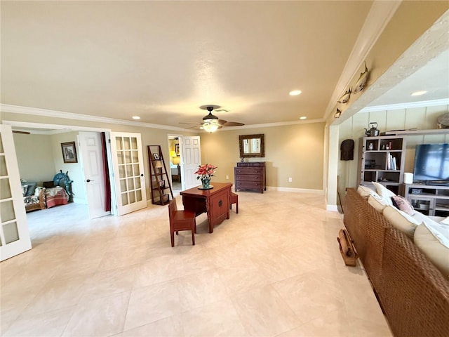 living room with ceiling fan, crown molding, and french doors