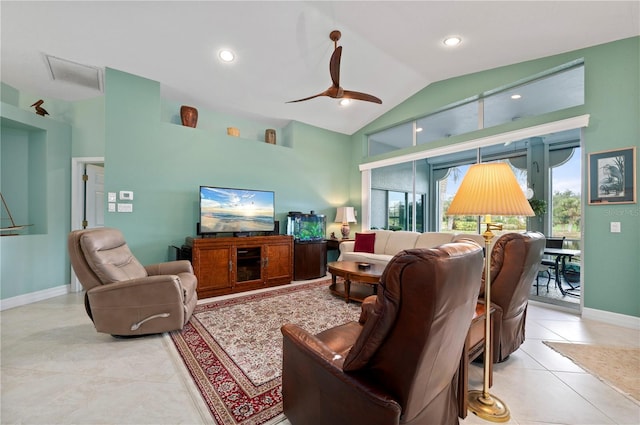 living room featuring light tile patterned floors, ceiling fan, and lofted ceiling