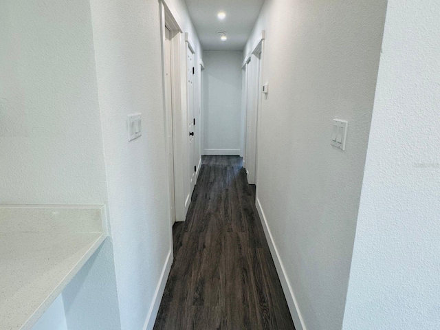 hallway with dark hardwood / wood-style flooring