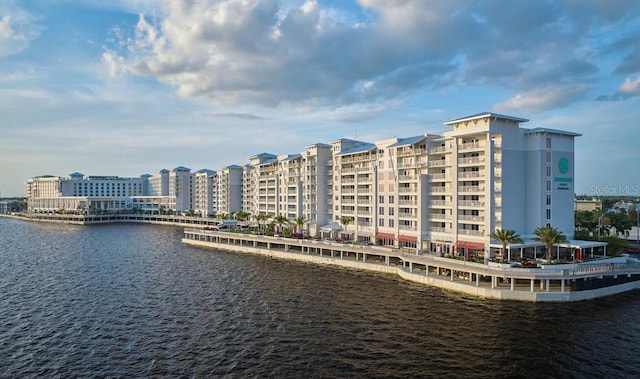 exterior space with a water view