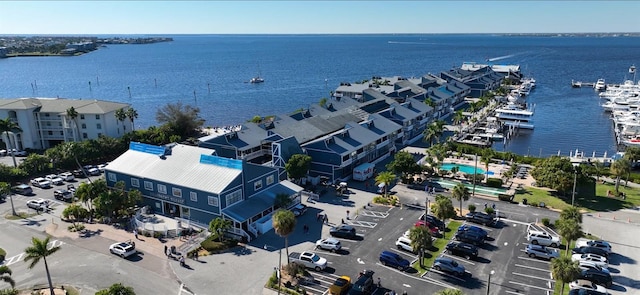 drone / aerial view with a water view