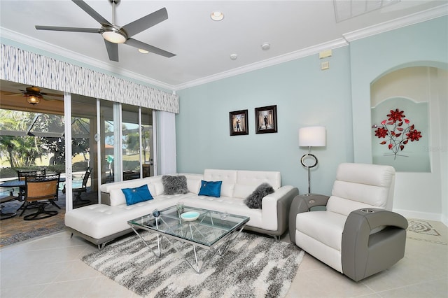 living room featuring ceiling fan, crown molding, and light tile patterned flooring