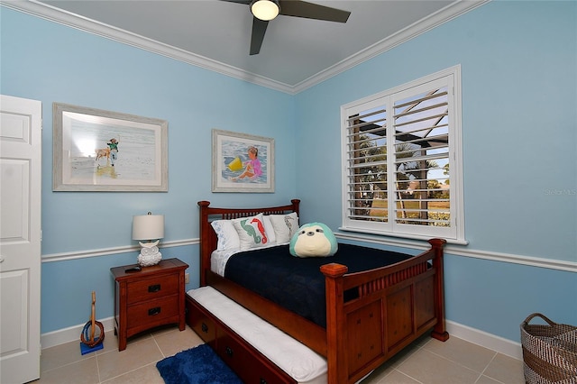 bedroom with ceiling fan, crown molding, and light tile patterned flooring