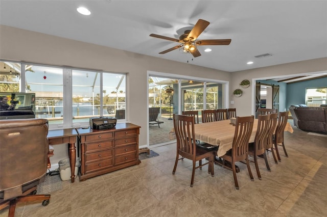 dining room featuring recessed lighting, visible vents, and a ceiling fan