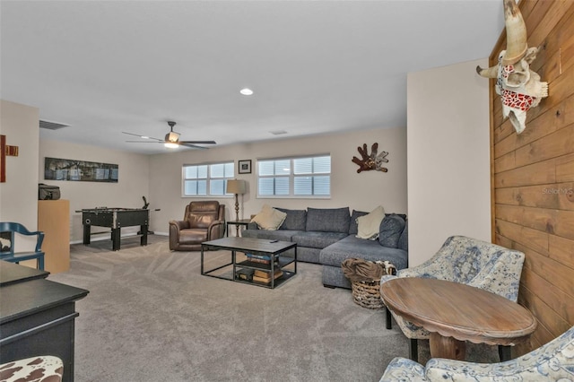 living room featuring recessed lighting, visible vents, carpet floors, and ceiling fan