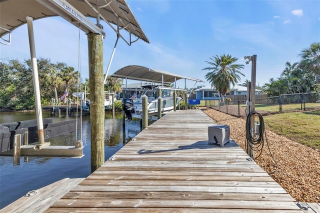 view of dock featuring fence and a water view