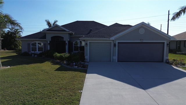 single story home featuring a garage and a front lawn