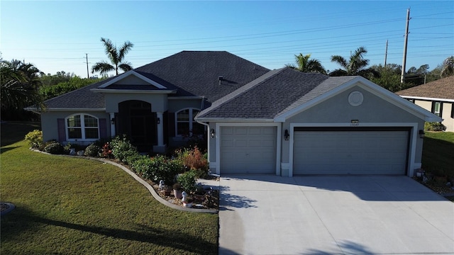 ranch-style house with a front lawn and a garage