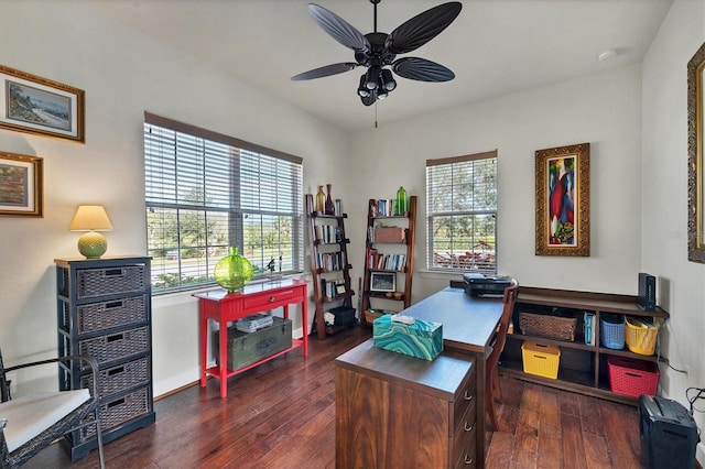 office space featuring ceiling fan and dark wood-type flooring