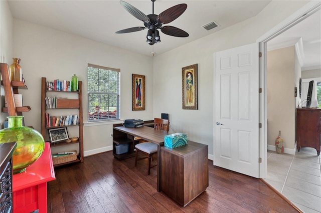 office space featuring ceiling fan and dark hardwood / wood-style flooring