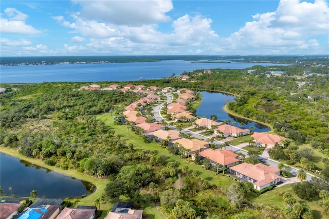 drone / aerial view with a water view