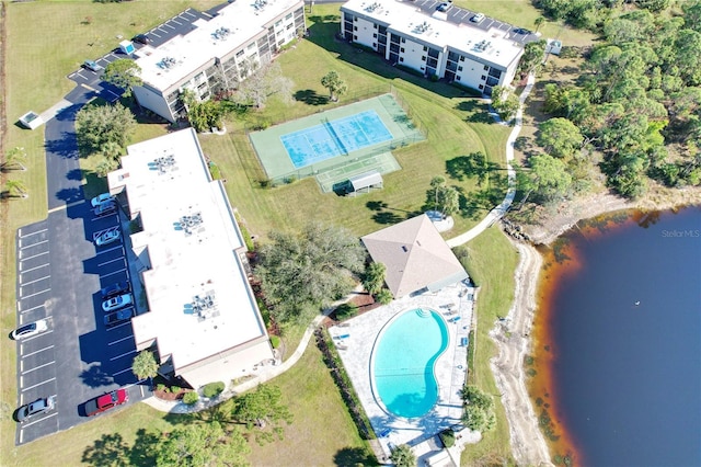 bird's eye view with a water view