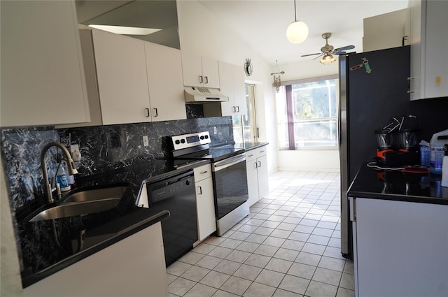 kitchen with lofted ceiling, sink, dishwasher, stainless steel range with electric stovetop, and white cabinetry