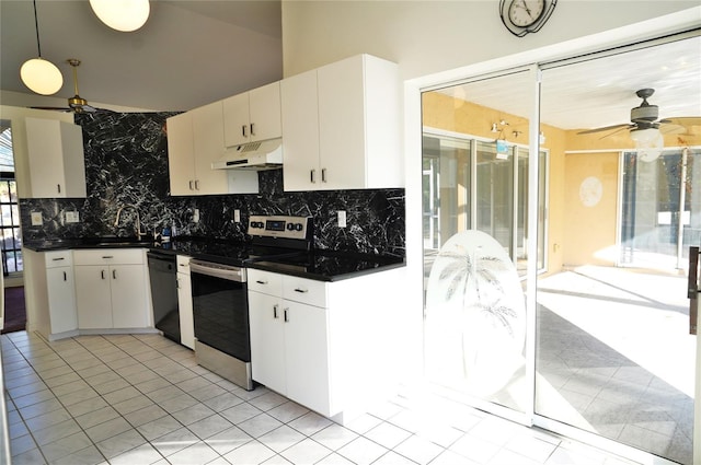 kitchen with backsplash, stainless steel electric range oven, dishwasher, and white cabinets