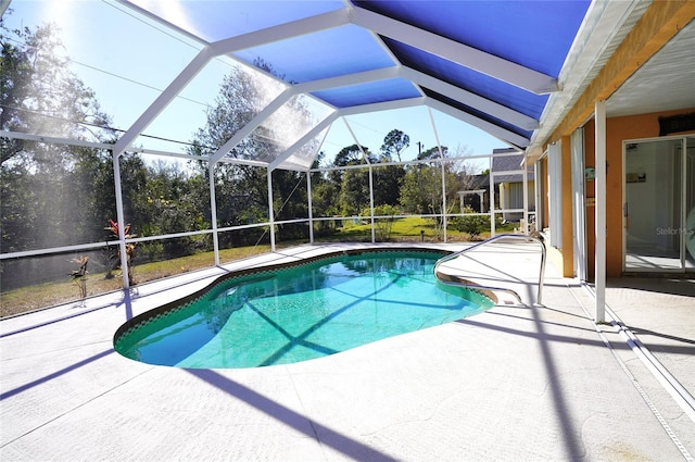 view of swimming pool with a lanai and a patio area