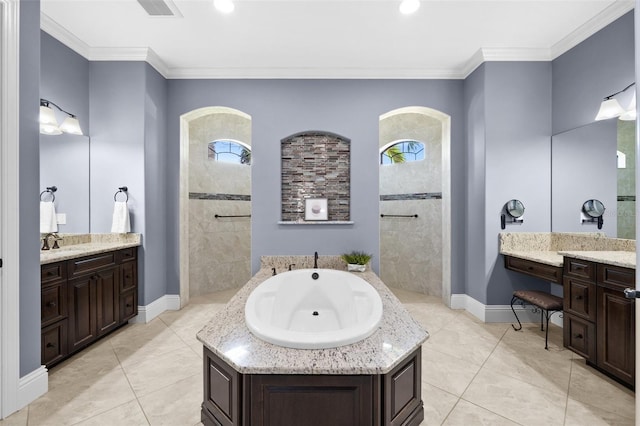 bathroom with vanity, a healthy amount of sunlight, and crown molding