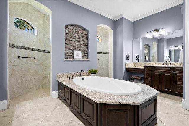 bathroom featuring independent shower and bath, vanity, tile patterned floors, and crown molding