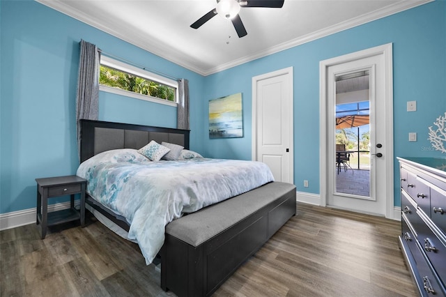 bedroom featuring access to exterior, ceiling fan, dark hardwood / wood-style floors, and multiple windows