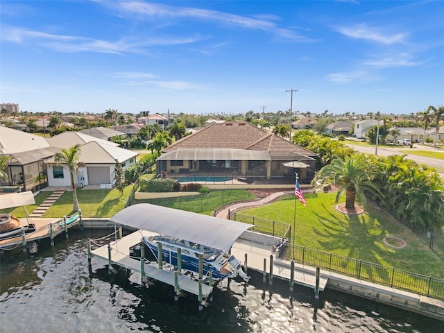 dock area featuring a fenced in pool, a yard, a water view, and a lanai