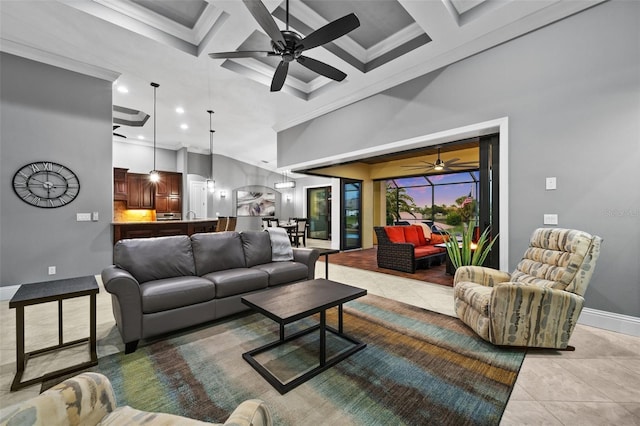 living room featuring beamed ceiling, light tile patterned floors, crown molding, and coffered ceiling