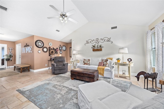 living room with lofted ceiling and ceiling fan