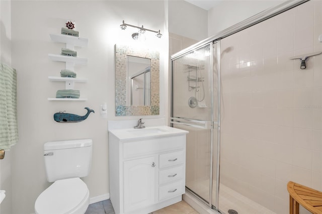 bathroom featuring tile patterned flooring, vanity, an enclosed shower, and toilet