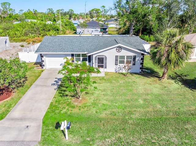 ranch-style house with a garage and a front lawn