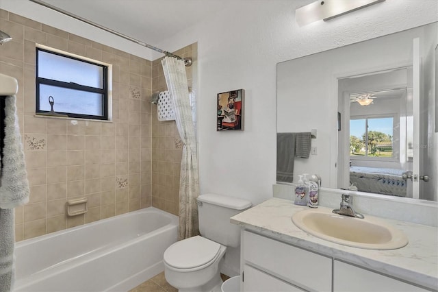 full bathroom with toilet, plenty of natural light, shower / bath combo with shower curtain, and vanity