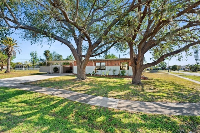 ranch-style house featuring a front yard and a carport