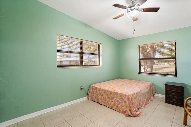 bedroom featuring ceiling fan and lofted ceiling