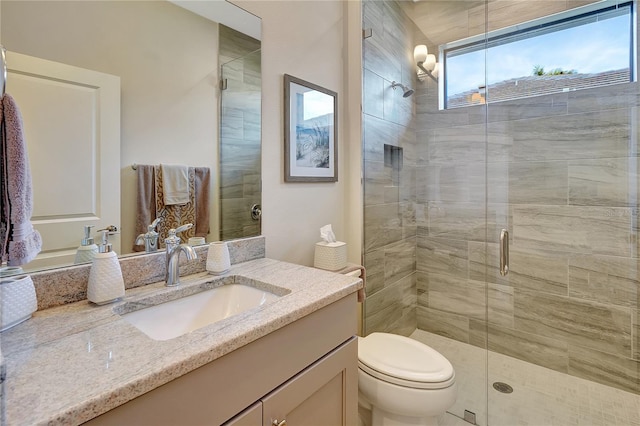 bathroom featuring toilet, vanity, and a shower with shower door