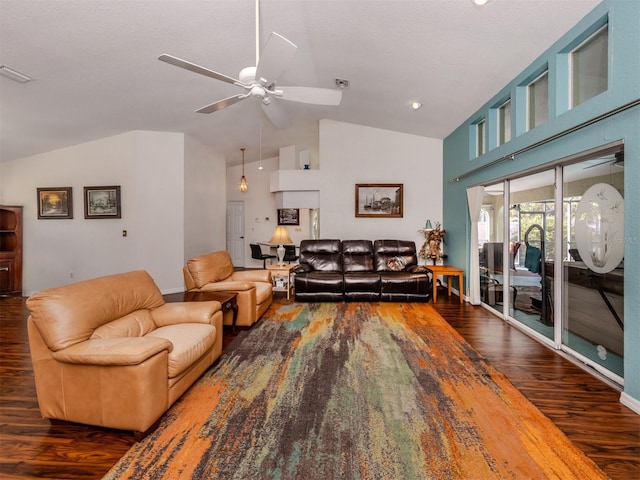 living room featuring dark wood-type flooring, high vaulted ceiling, and ceiling fan