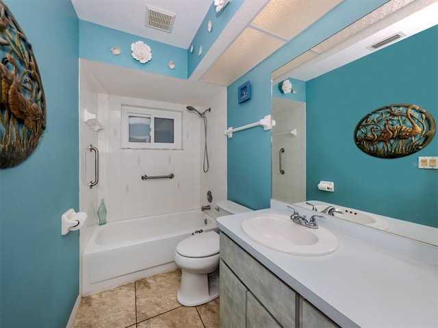 full bathroom featuring tile patterned flooring, vanity, shower / tub combination, and toilet