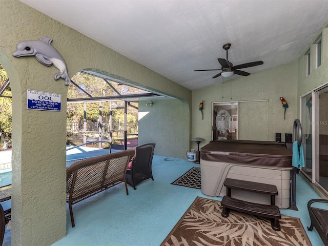 carpeted bedroom with vaulted ceiling and ceiling fan