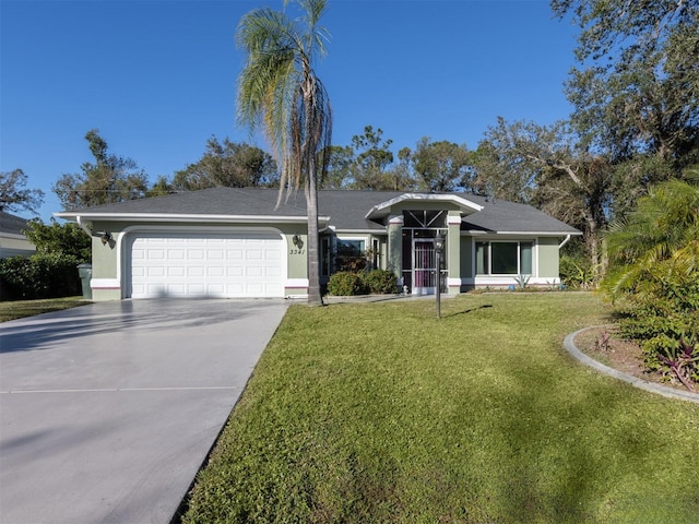 view of front of house featuring a front yard, concrete driveway, an attached garage, and stucco siding