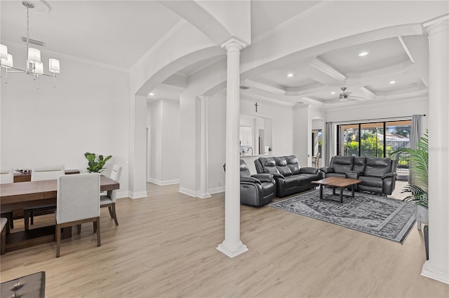 living room with coffered ceiling, ceiling fan with notable chandelier, crown molding, light hardwood / wood-style flooring, and beam ceiling