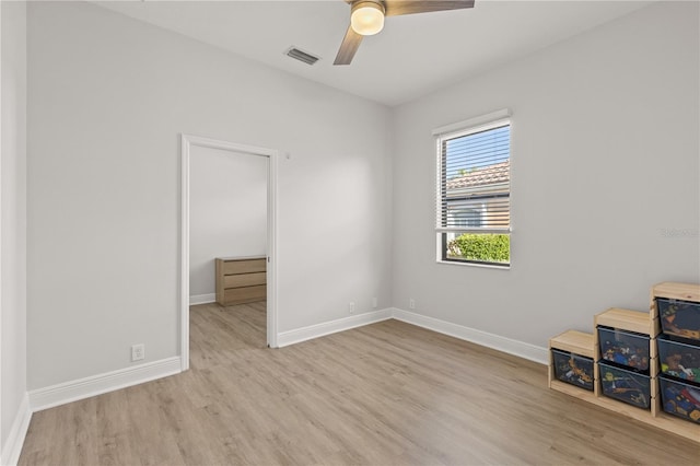 bedroom with ceiling fan and light wood-type flooring