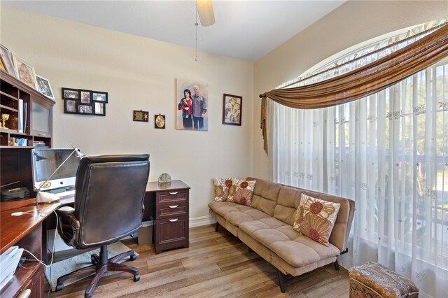 office space featuring ceiling fan and light hardwood / wood-style flooring