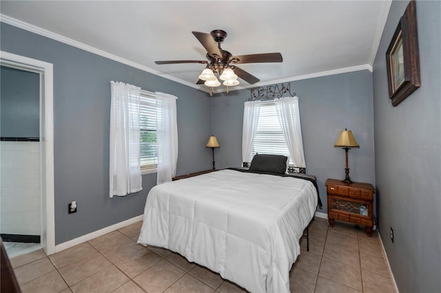 bedroom with ceiling fan, light tile patterned flooring, and multiple windows