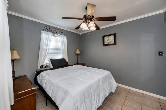 bedroom with ceiling fan, light tile patterned floors, and crown molding