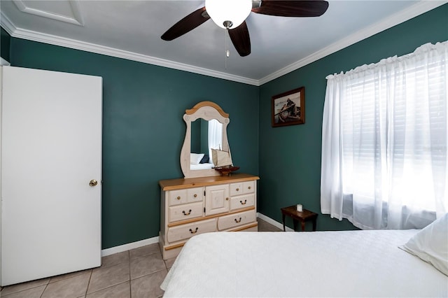 bedroom with ceiling fan, light tile patterned flooring, and ornamental molding