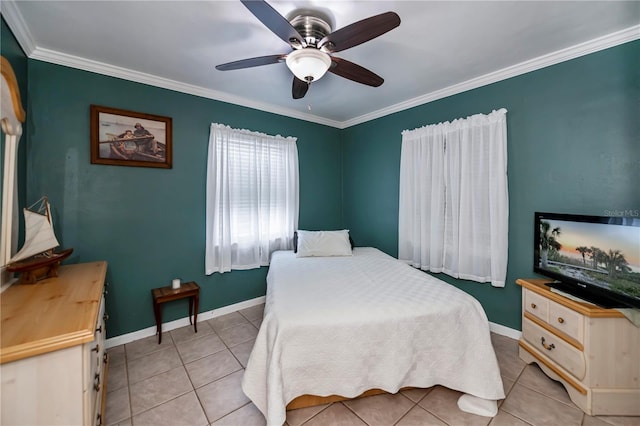 bedroom featuring light tile patterned floors, ceiling fan, and ornamental molding