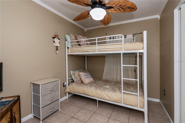 bedroom with ceiling fan, crown molding, and light tile patterned flooring