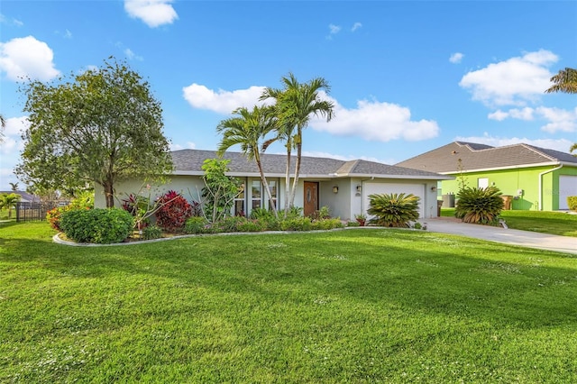 ranch-style home featuring a front yard and a garage