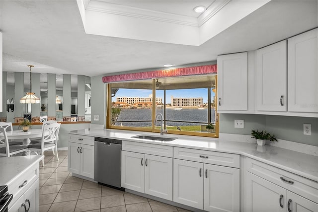 kitchen featuring white cabinets, a raised ceiling, crown molding, sink, and dishwasher