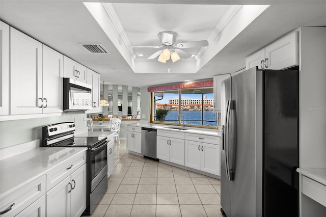 kitchen featuring white cabinets, a water view, a raised ceiling, crown molding, and appliances with stainless steel finishes