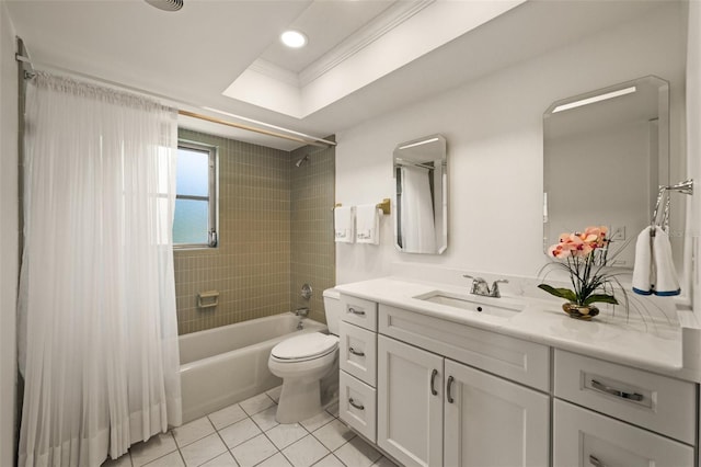 full bathroom with vanity, tile patterned floors, tiled shower / bath, crown molding, and toilet