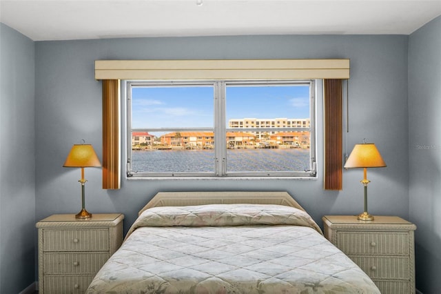 bedroom featuring a water view