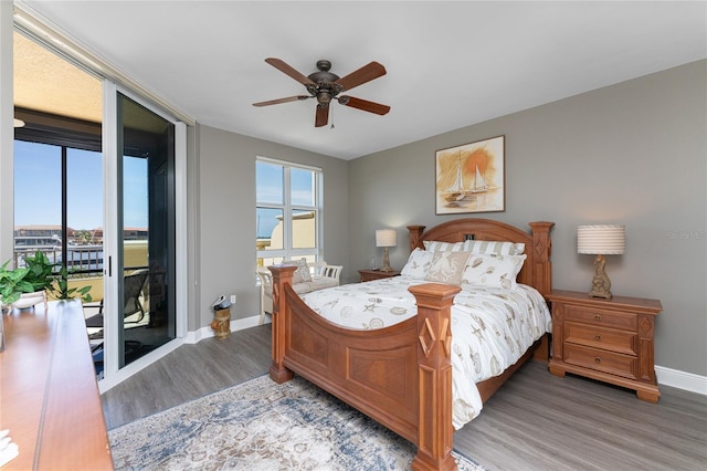 bedroom with access to exterior, baseboards, multiple windows, and dark wood-type flooring