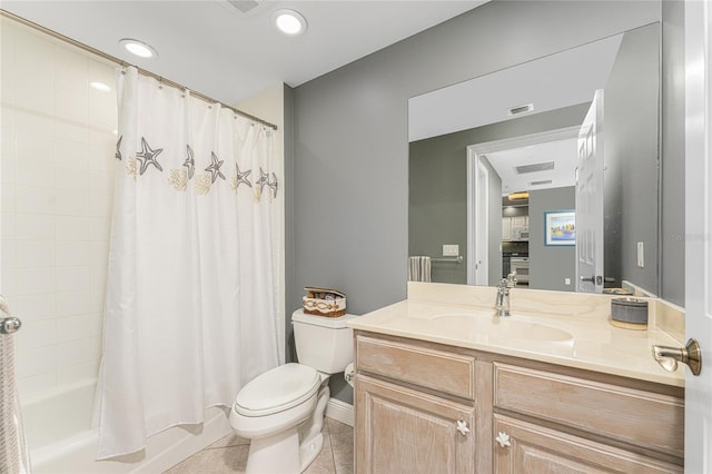 bathroom featuring visible vents, radiator, tile patterned flooring, shower / bathtub combination with curtain, and vanity